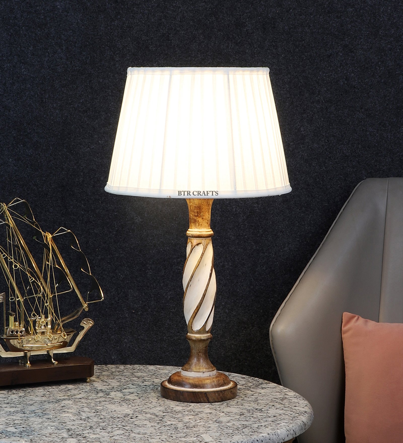 BTR CRAFTS Twister Wooden Tapper White Table Lamp (Bulb Not Included) - Image 3