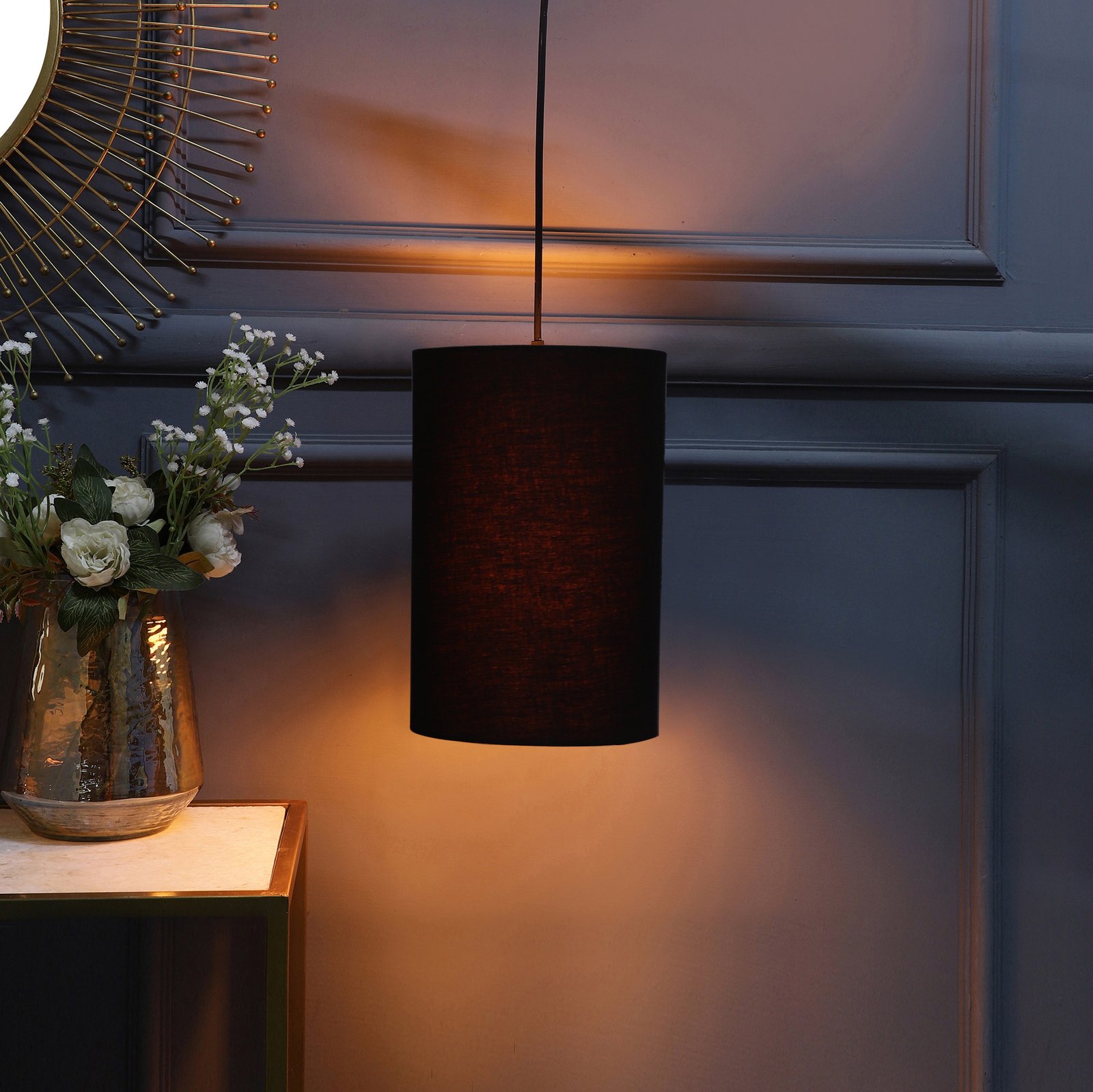 Cylinder Pendant/Hanging Ceiling Light Fixture Living Room, Dining Table, Lobby, Kitchen, Black/Silver Canopy