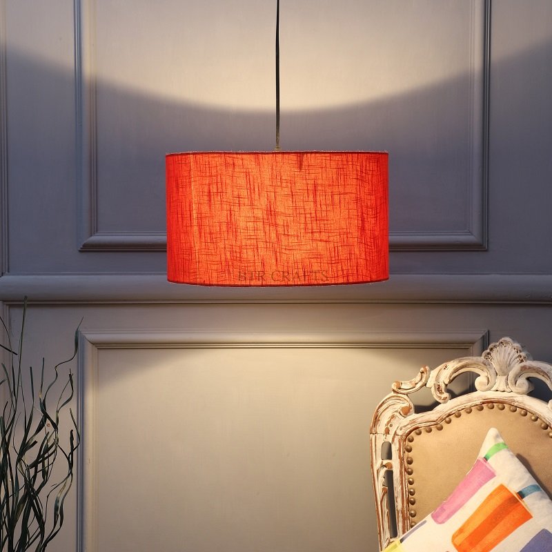 14 Inches Pendant/Hanging Ceiling Light Fixture, Red Texture Drum Shade, for Bedroom, Kitchen, Living Room, Dining Table, Lobby, Kitchen, Silver/black Canopy