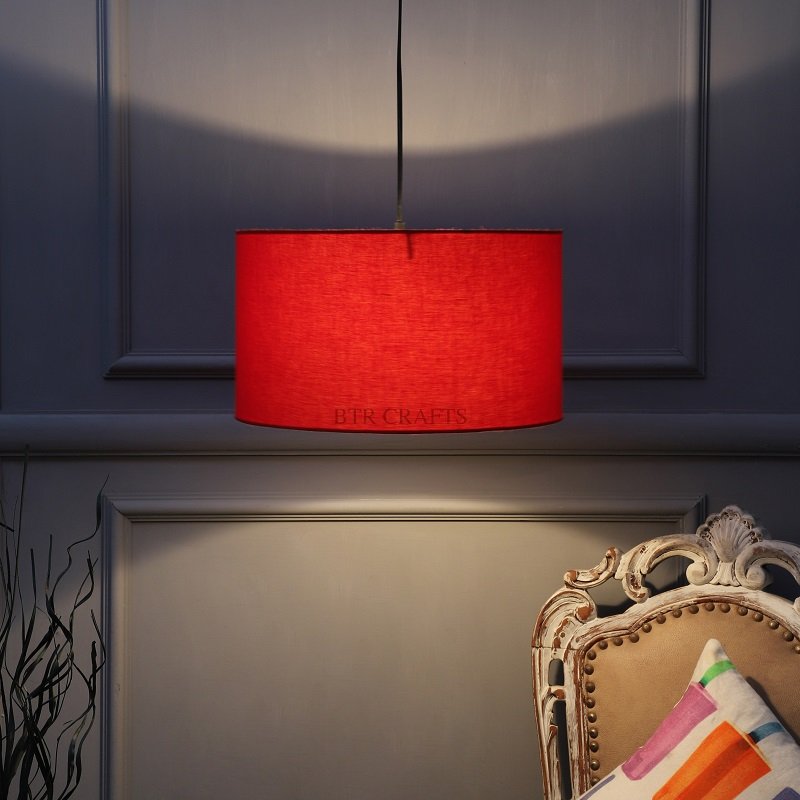 14 Inches Pendant/Hanging Ceiling Light Fixture, Red Drum Shade, for Bedroom, Kitchen, Living Room, Dining Table, Lobby, Kitchen, Silver/Black Canopy