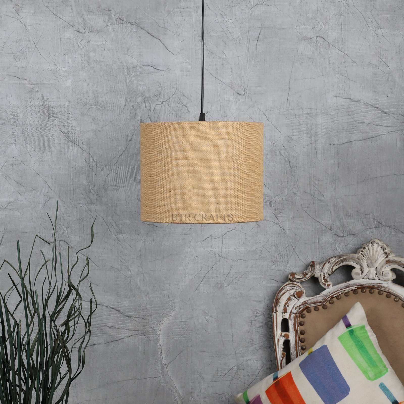10 Inches Pendant/Hanging Ceiling Light Fixture, Natural Jute Drum Shade, for Bedroom, Kitchen, Living Room, Dining Table, Lobby, Kitchen, Silver/Black Canopy - Image 2