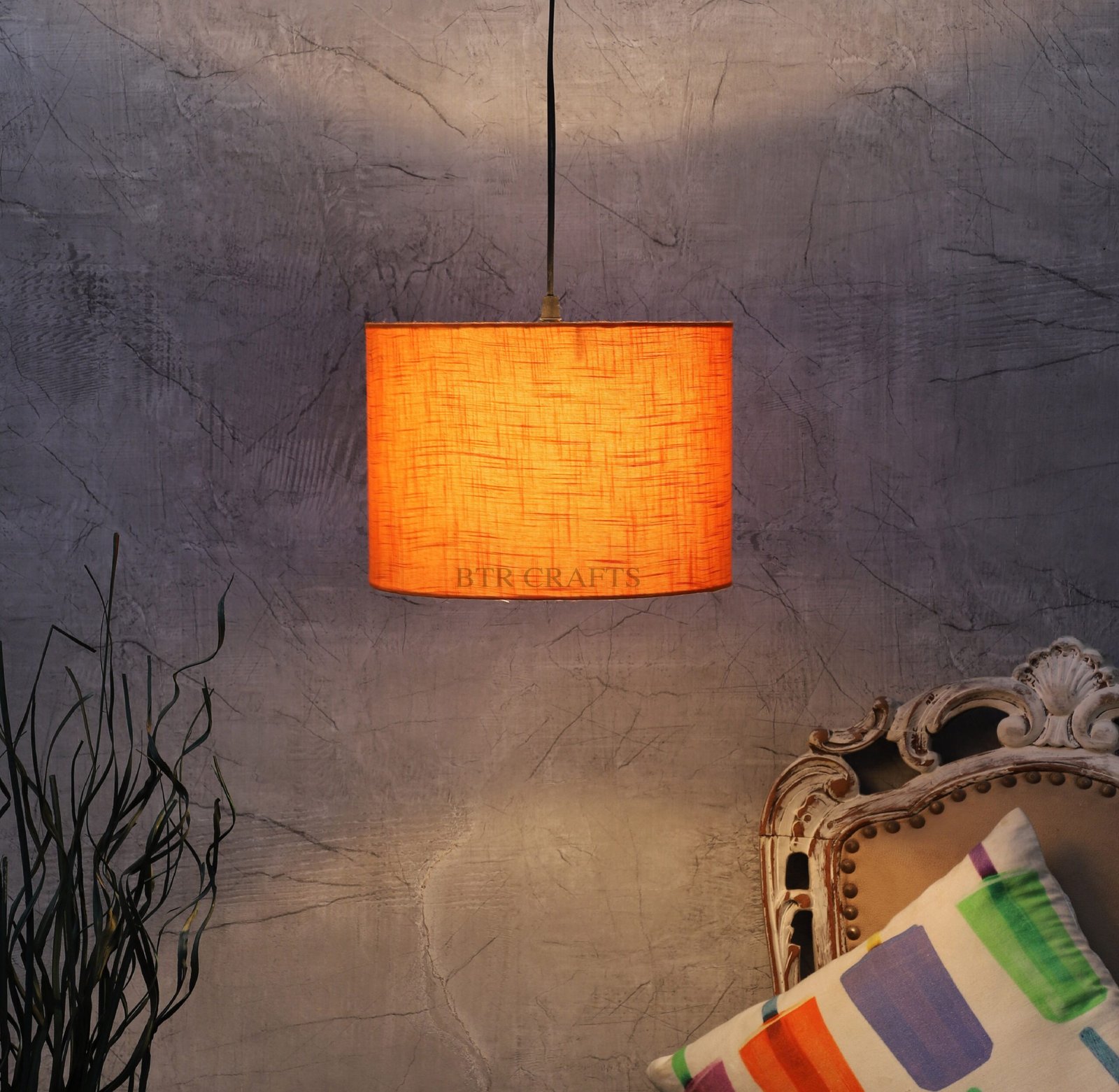 12 Inches Pendant/Hanging Ceiling Light Fixture, Orange Texture Drum Shade, for Bedroom, Kitchen, Living Room, Dining Table, Lobby, Kitchen, Silver/Black Canopy