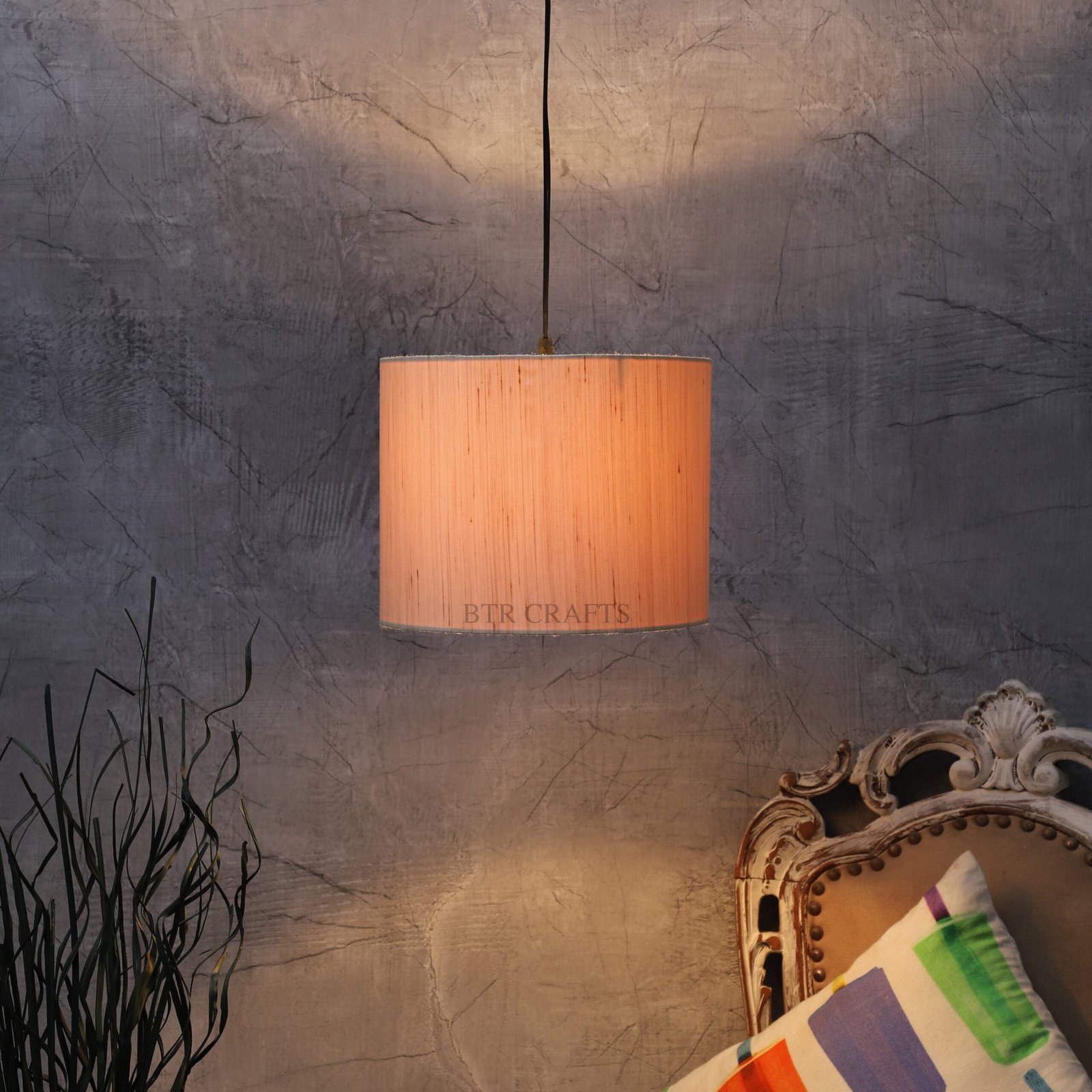 10 Inches Pendant/Hanging Ceiling Light Fixture, Cream Texture Drum Shade, for Bedroom, Kitchen, Living Room, Dining Table, Lobby, Kitchen, Silver/Black Canopy