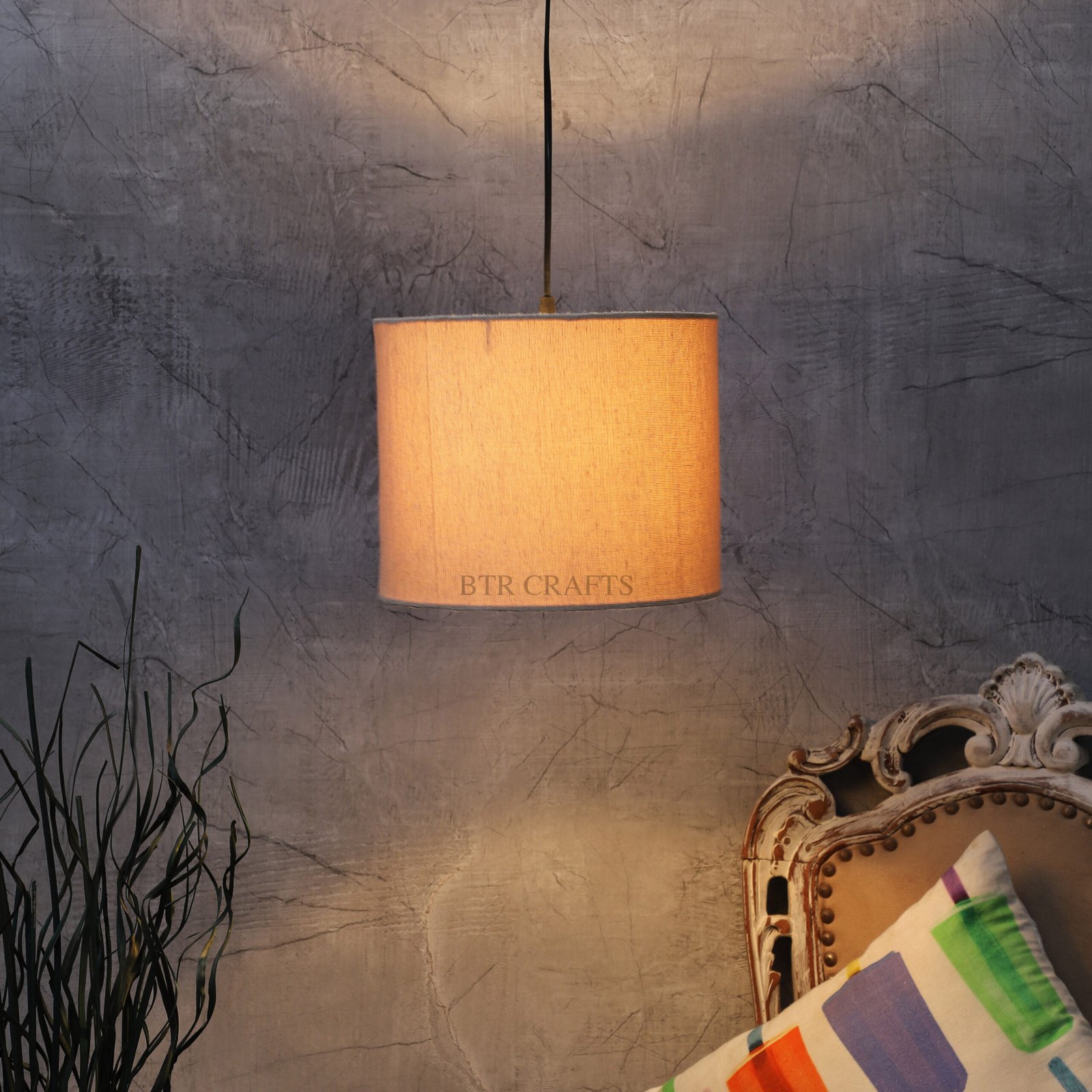 10 Inches Pendant/Hanging Ceiling Light Fixture, Premium Jute Drum Shade, for Bedroom, Kitchen, Living Room, Dining Table, Lobby, Kitchen, Silver/Black Canopy