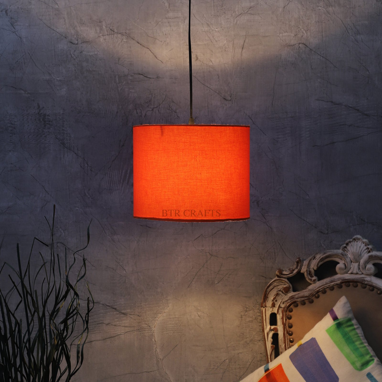 10 Inches Pendant/Hanging Ceiling Light Fixture, Orange Drum Shade, for Bedroom, Kitchen, Living Room, Dining Table, Lobby, Kitchen, Silver/Black Canopy