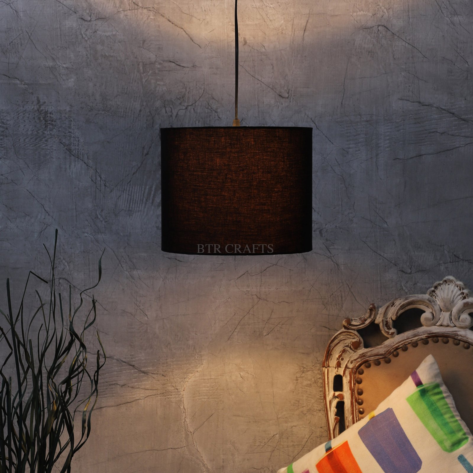 10 Inches Pendant/Hanging Ceiling Light Fixture, Black Drum Shade, for Bedroom, Kitchen, Living Room, Dining Table, Lobby, Kitchen, Silver/Black Canopy