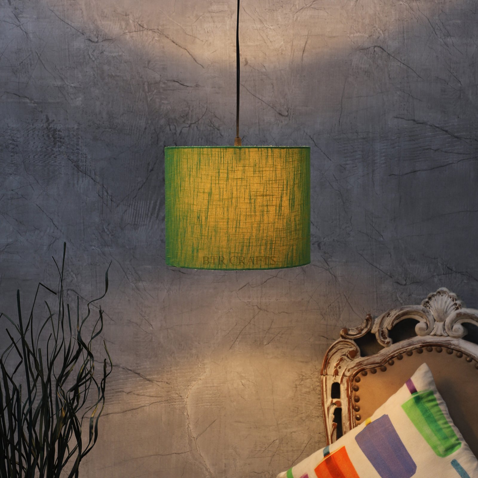 10 Inches Pendant/Hanging Ceiling Light Fixture, Green Texture Drum Shade for Bedroom, Kitchen, Living Room, Dining Table, Lobby, Kitchen, Silver/Black Canopy