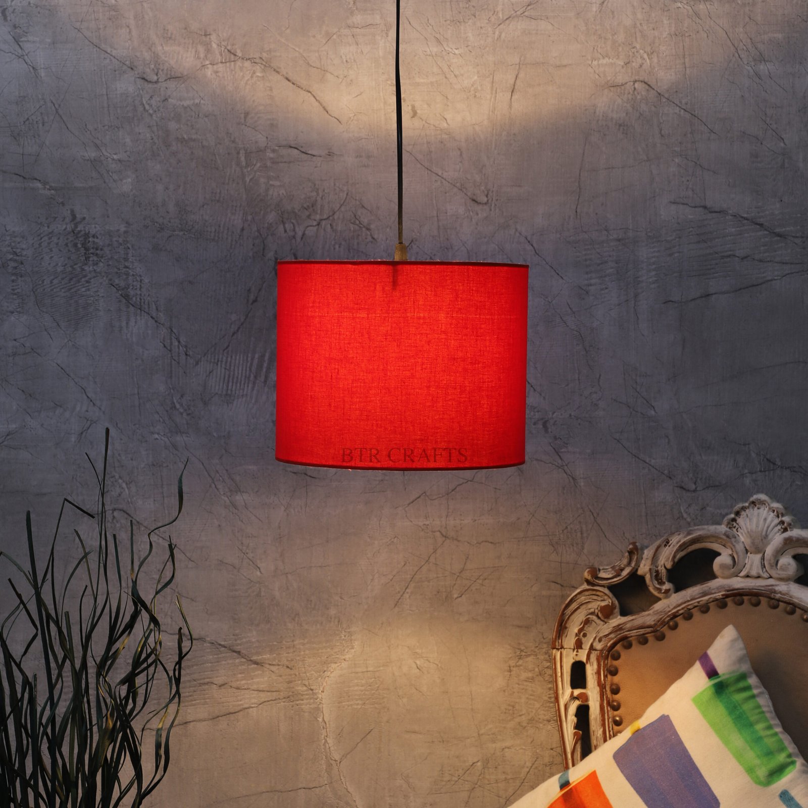 10 Inches Pendant/Hanging Ceiling Light Fixture, Red Drum Shade, for Bedroom, Kitchen, Living Room, Dining Table, Lobby, Kitchen, Silver/Black Canopy