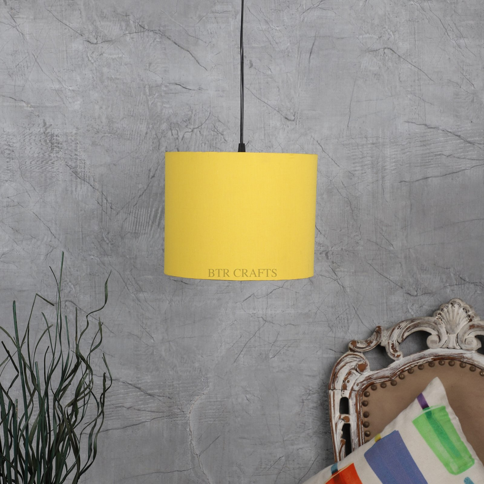 10 Inches Pendant/Hanging Ceiling Light Fixture, Dark Yellow Drum Shade, for Bedroom, Kitchen, Living Room, Dining Table, Lobby, Kitchen, Silver/Black Canopy - Image 2