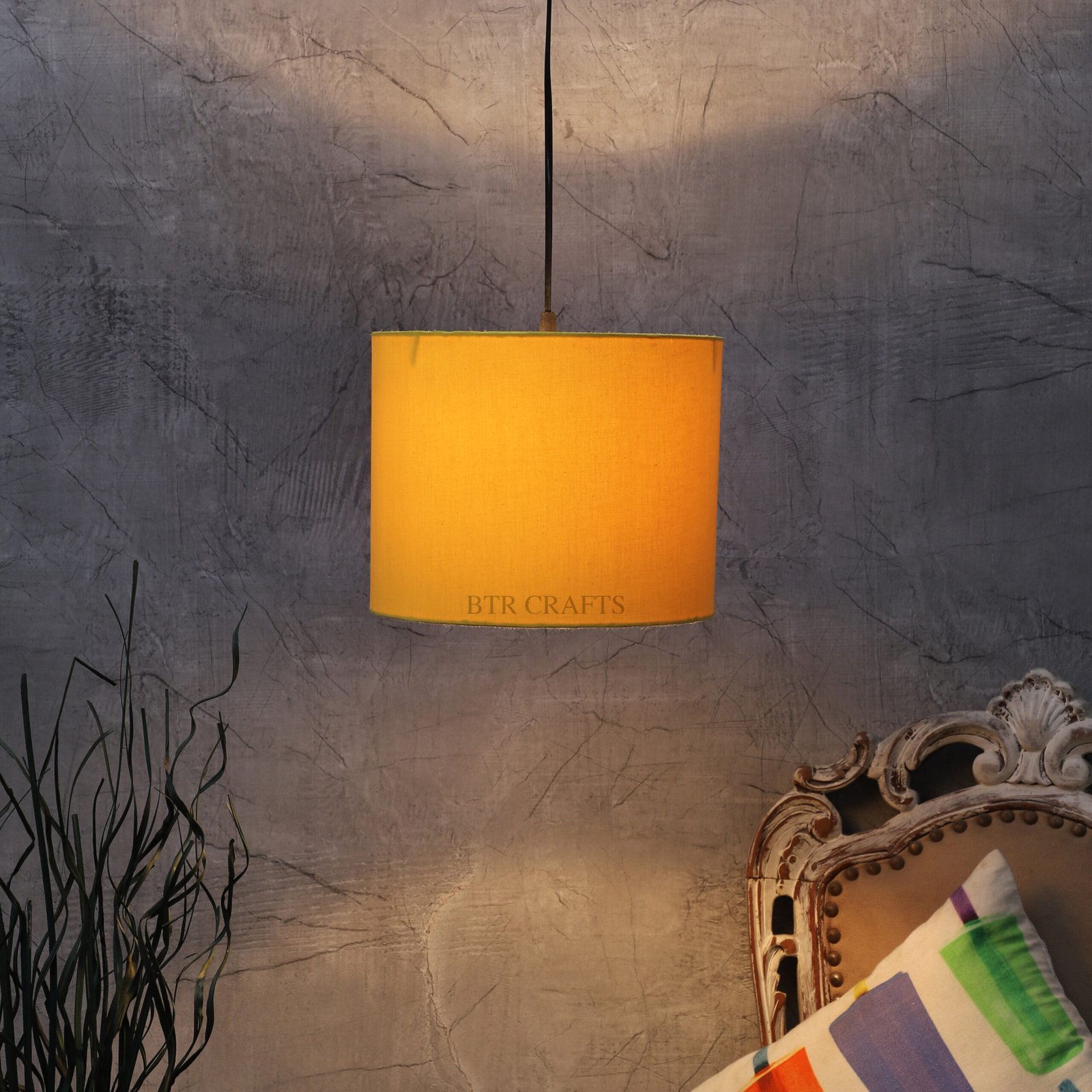 10 Inches Pendant/Hanging Ceiling Light Fixture, Dark Yellow Drum Shade, for Bedroom, Kitchen, Living Room, Dining Table, Lobby, Kitchen, Silver/Black Canopy