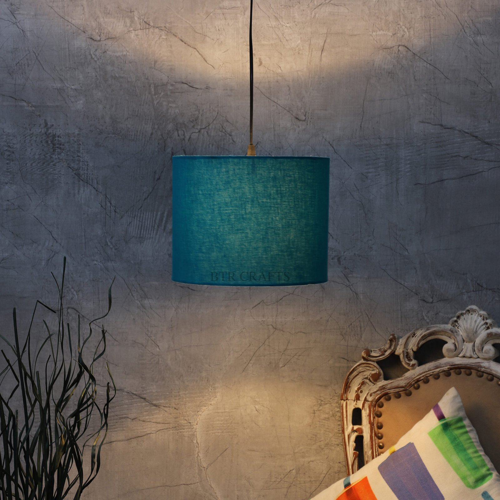 10 Inches Pendant/Hanging Ceiling Light Fixture, Teal Drum Shade, for Bedroom, Kitchen, Living Room, Dining Table, Lobby, Kitchen, Silver/Black Canopy