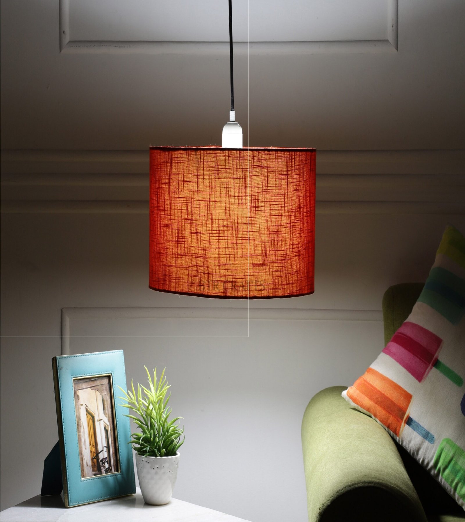 10 Inches Pendant/Hanging Ceiling Light Fixture, Red Texture Drum Shade, for Bedroom, Kitchen, Living Room, Dining Table, Lobby, Kitchen, Silver/Black Canopy