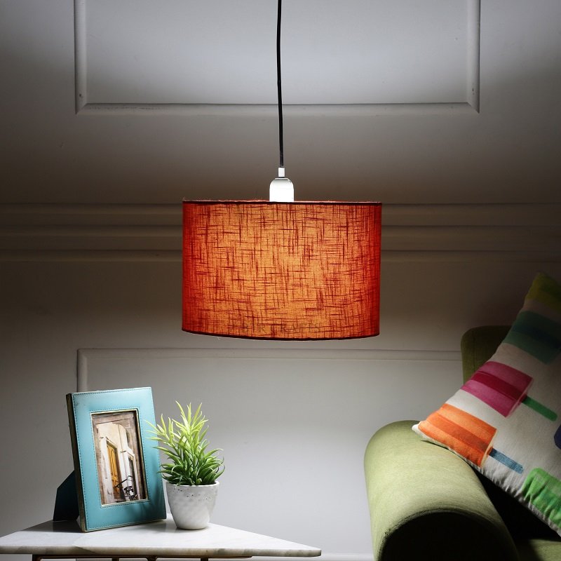 12 Inches Pendant/Hanging Ceiling Light Fixture, Red Texture Drum Shade, for Bedroom, Kitchen, Living Room, Dining Table, Lobby, Kitchen, Silver/Black Canopy