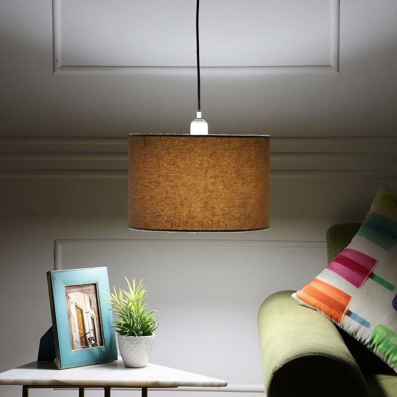 12 Inches Pendant/Hanging Ceiling Light Fixture, Beige Drum Shade, for Bedroom, Kitchen, Living Room, Dining Table, Lobby, Kitchen, Silver/Black Canopy