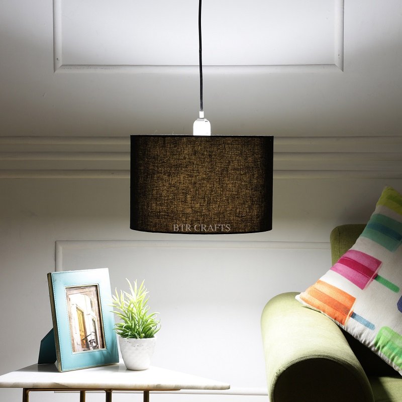 12 Inches Pendant/Hanging Ceiling Light Fixture, Black Drum Shade, for Bedroom, Kitchen, Living Room, Dining Table, Lobby, Kitchen, Silver/Black Canopy