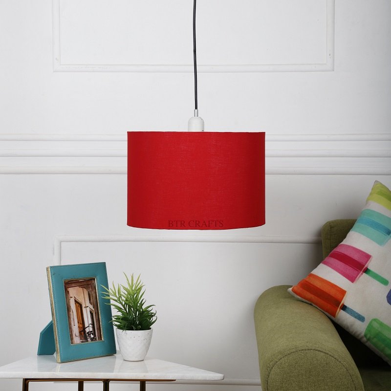12 Inches Pendant/Hanging Ceiling Light Fixture, Red Drum Shade, for Bedroom, Kitchen, Living Room, Dining Table, Lobby, Kitchen, Silver/Black Canopy