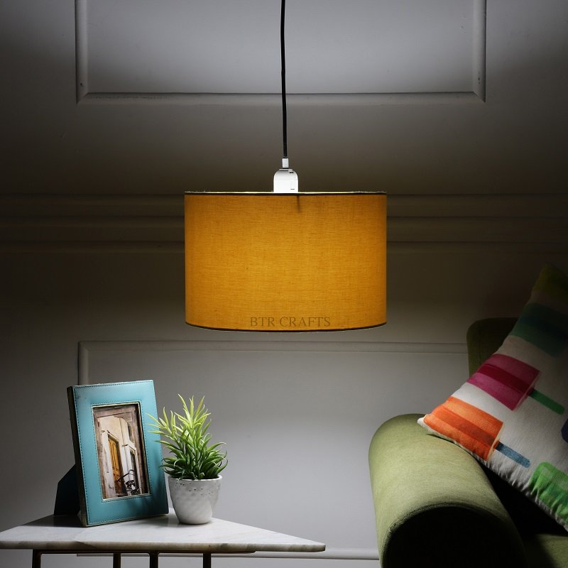 12 Inches Pendant/Hanging Ceiling Light Fixture, Dark Yellow Drum Shade, for Bedroom, Kitchen, Living Room, Dining Table, Lobby, Kitchen, Silver/Black Canopy