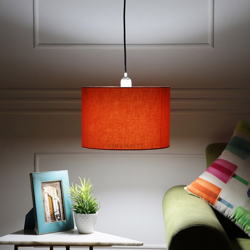 12 Inches Pendant/Hanging Ceiling Light Fixture, Orange Drum Shade, for Bedroom, Kitchen, Living Room, Dining Table, Lobby, Kitchen, Silver/Black Canopy
