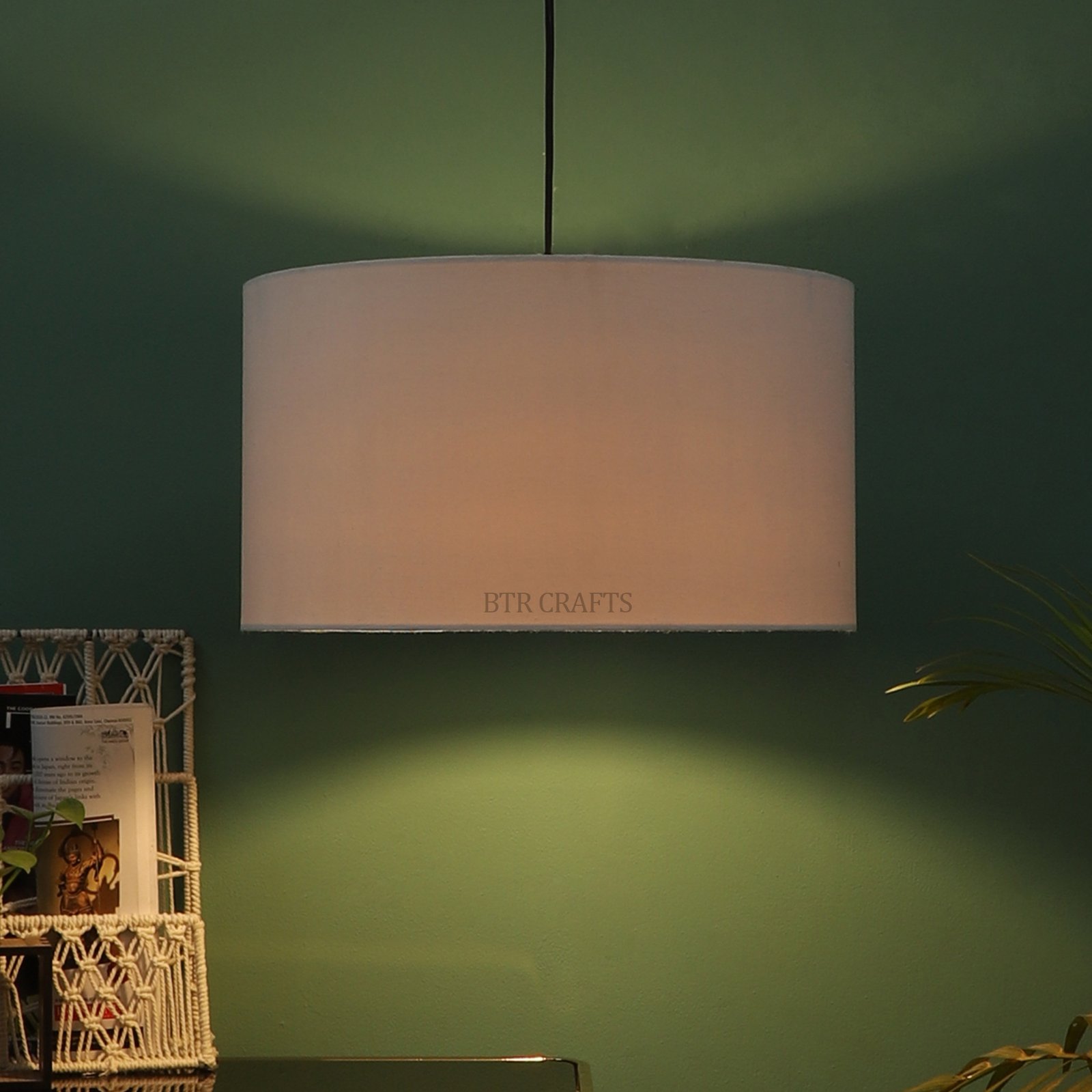 16 Inches Pendant/Hanging Ceiling Light Fixture, White Drum Shade for Bedroom, Kitchen, Living Room, Dining Table, Lobby, Kitchen, Black/Silver Canopy