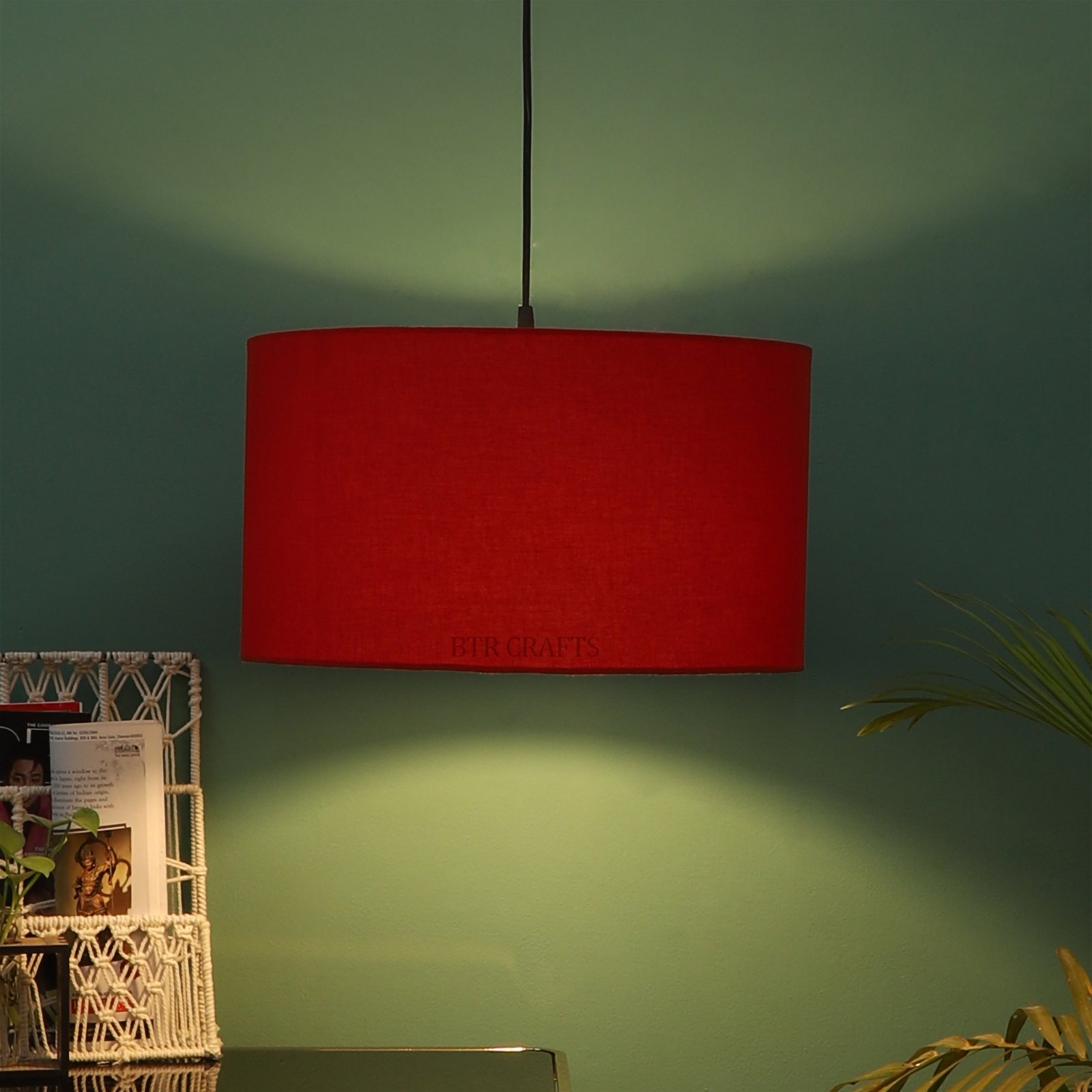 16 Inches Pendant/Hanging Ceiling Light Fixture, Red Drum Shade for Bedroom, Kitchen, Living Room, Dining Table, Lobby, Kitchen, Black/Silver Canopy