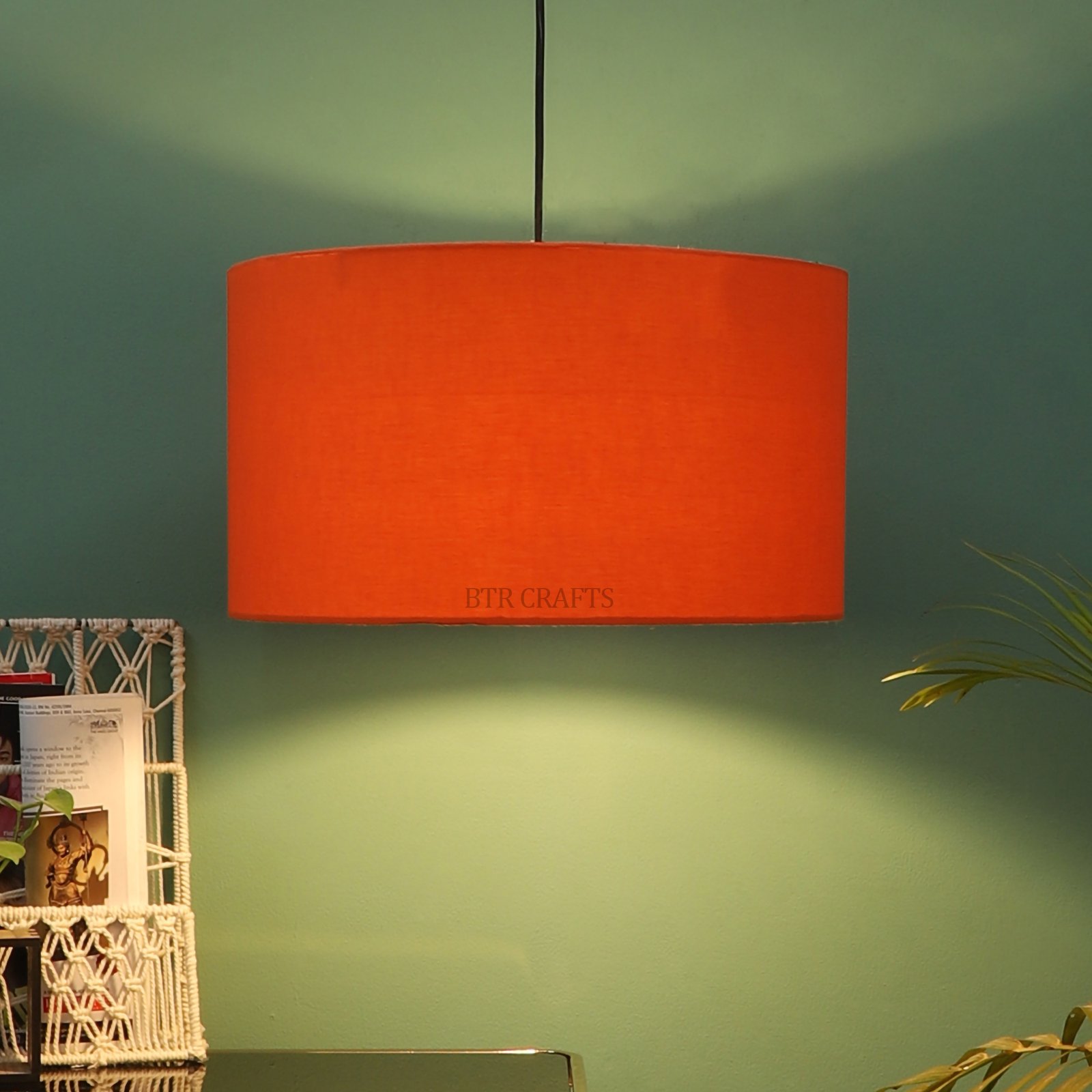 16 Inches Pendant/Hanging Ceiling Light Fixture, Orange Drum Shade for Bedroom, Kitchen, Living Room, Dining Table, Lobby, Kitchen, Black/Silver Canopy
