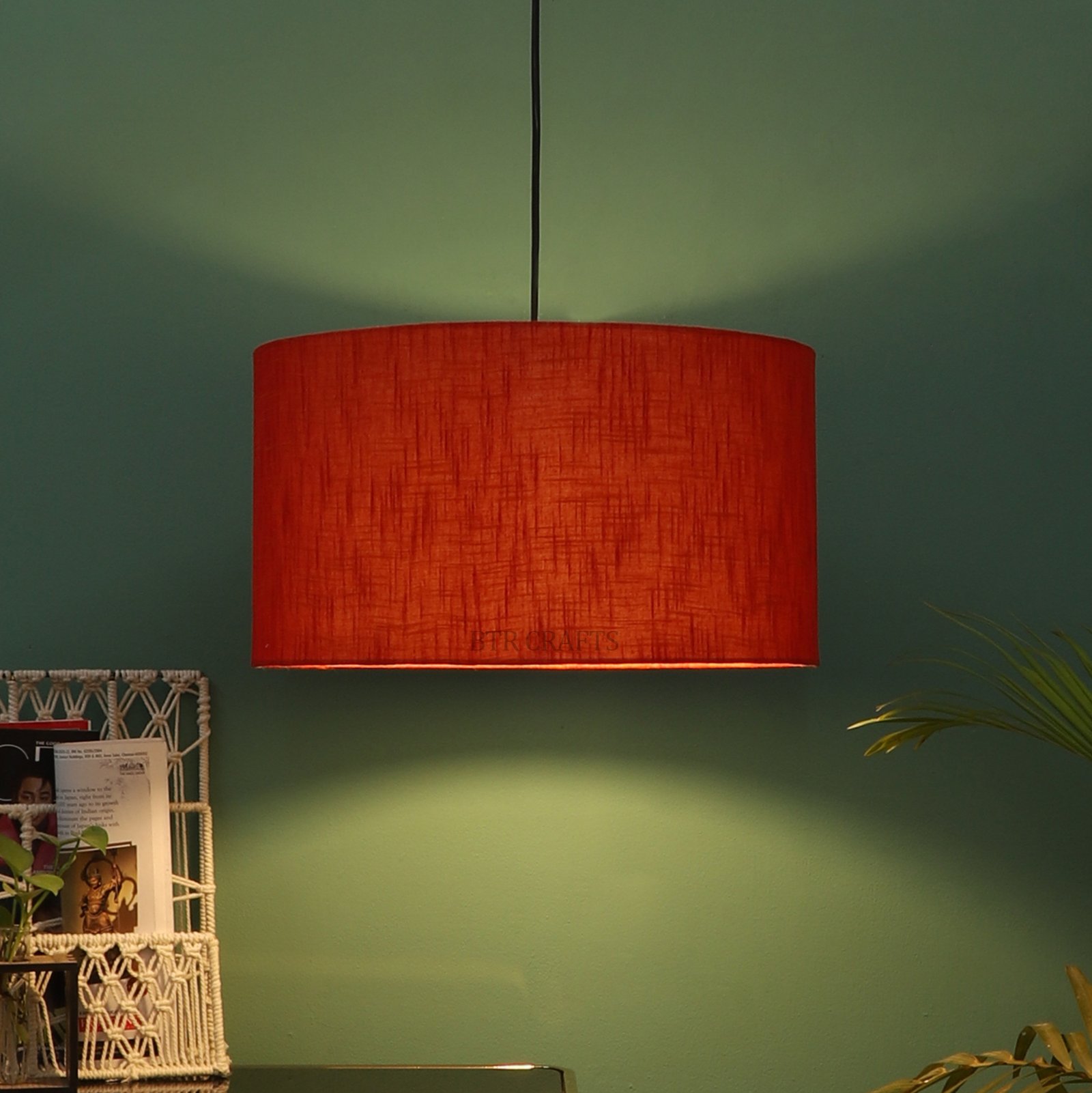 18 Inches Pendant/Hanging Ceiling Light Fixture, Red Texture Drum Shade for Bedroom, Kitchen, Living Room, Dining Table, Lobby, Kitchen, Black/Silver Canopy