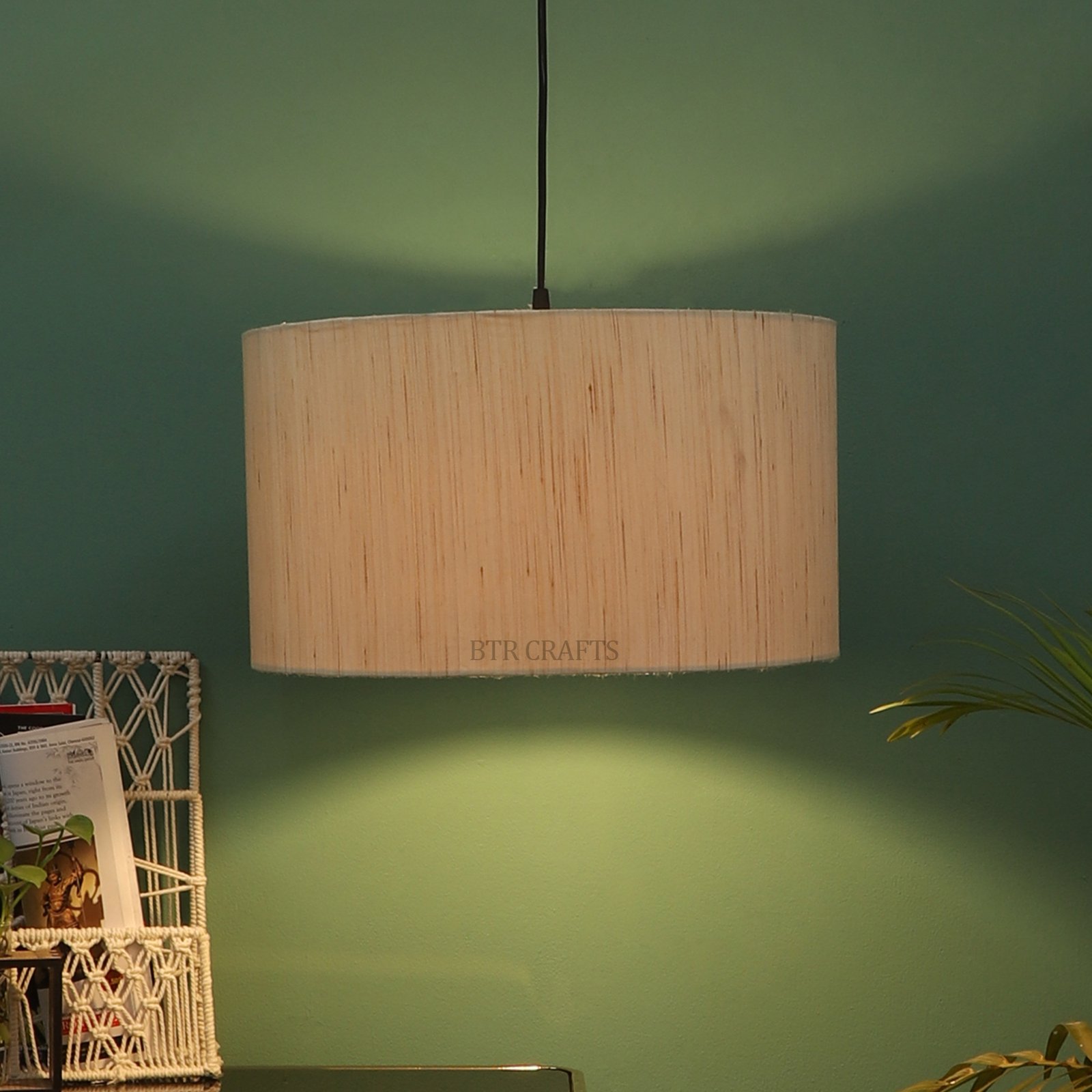 18 Inches Pendant/Hanging Ceiling Light Fixture, Cream Texture Drum Shade, for Bedroom, Kitchen, Living Room, Dining Table, Lobby, Kitchen, Silver/Black Canopy