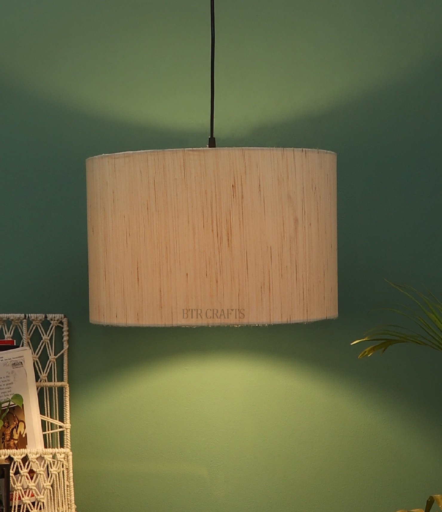 14 Inches Pendant/Hanging Ceiling Light Fixture, Cream Texture Drum Shade, for Bedroom, Kitchen, Living Room, Dining Table, Lobby, Kitchen, Silver/Black Canopy