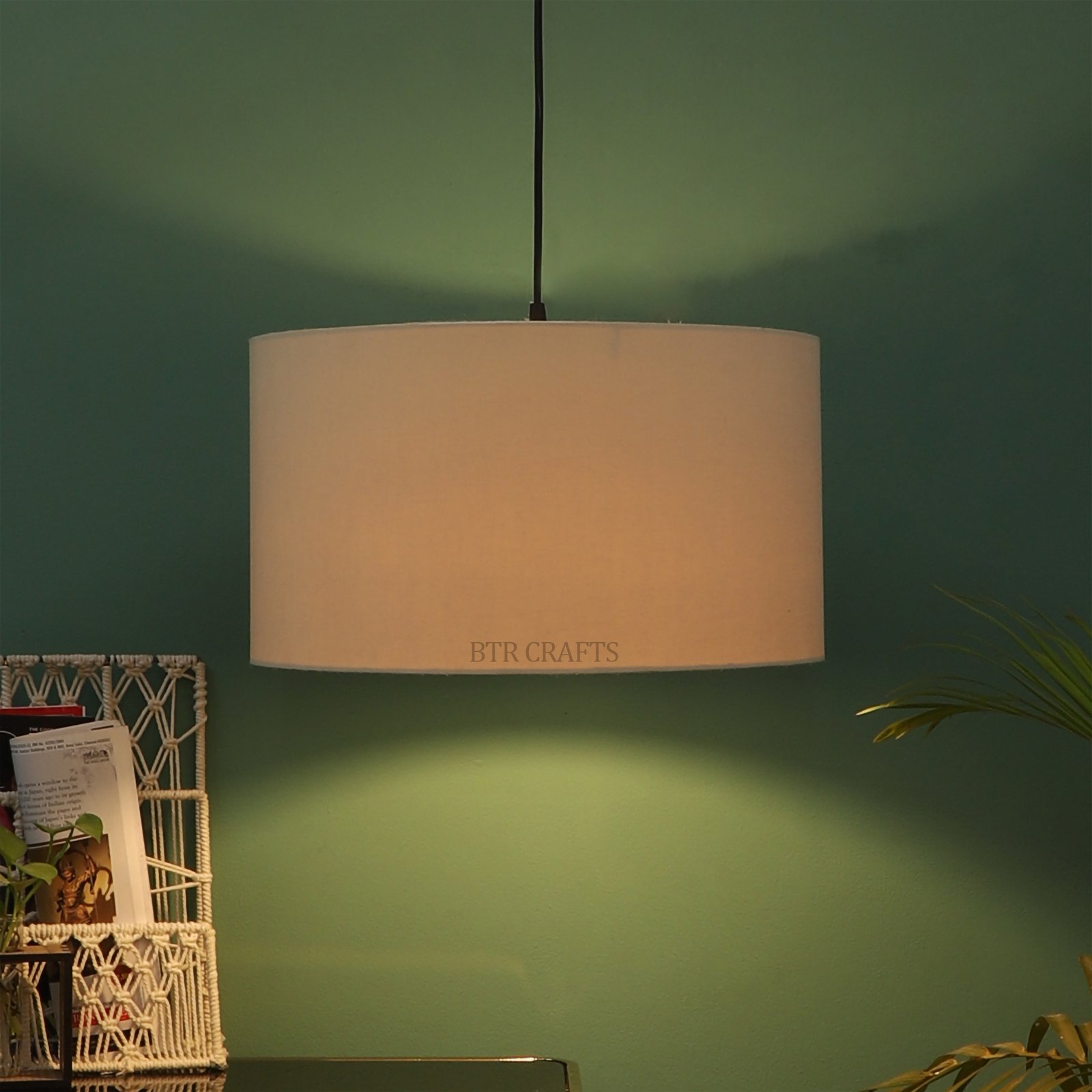 18 Inches Pendant/Hanging Ceiling Light Fixture, Cream Drum Shade, for Bedroom, Kitchen, Living Room, Dining Table, Lobby, Kitchen, Silver/Black Canopy