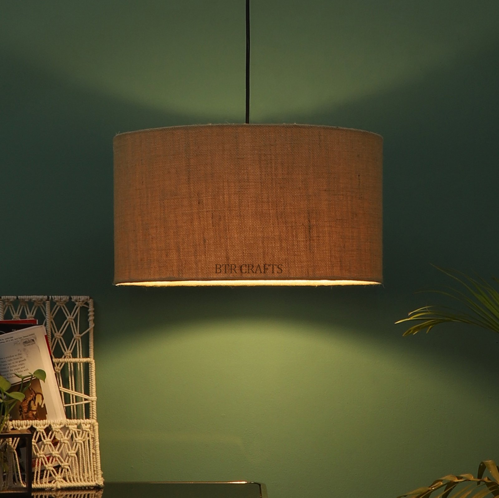 20 Inches Pendant/Hanging Ceiling Light Fixture, Natural Jute Drum Shade for Bedroom, Kitchen, Living Room, Dining Table, Lobby, Kitchen, Black/Silver Canopy
