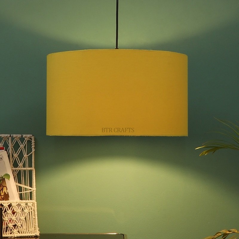 18 Inches Pendant/Hanging Ceiling Light Fixture, Dark Yellow Drum Shade for Bedroom, Kitchen, Living Room, Dining Table, Lobby, Kitchen, Black/Silver Canopy