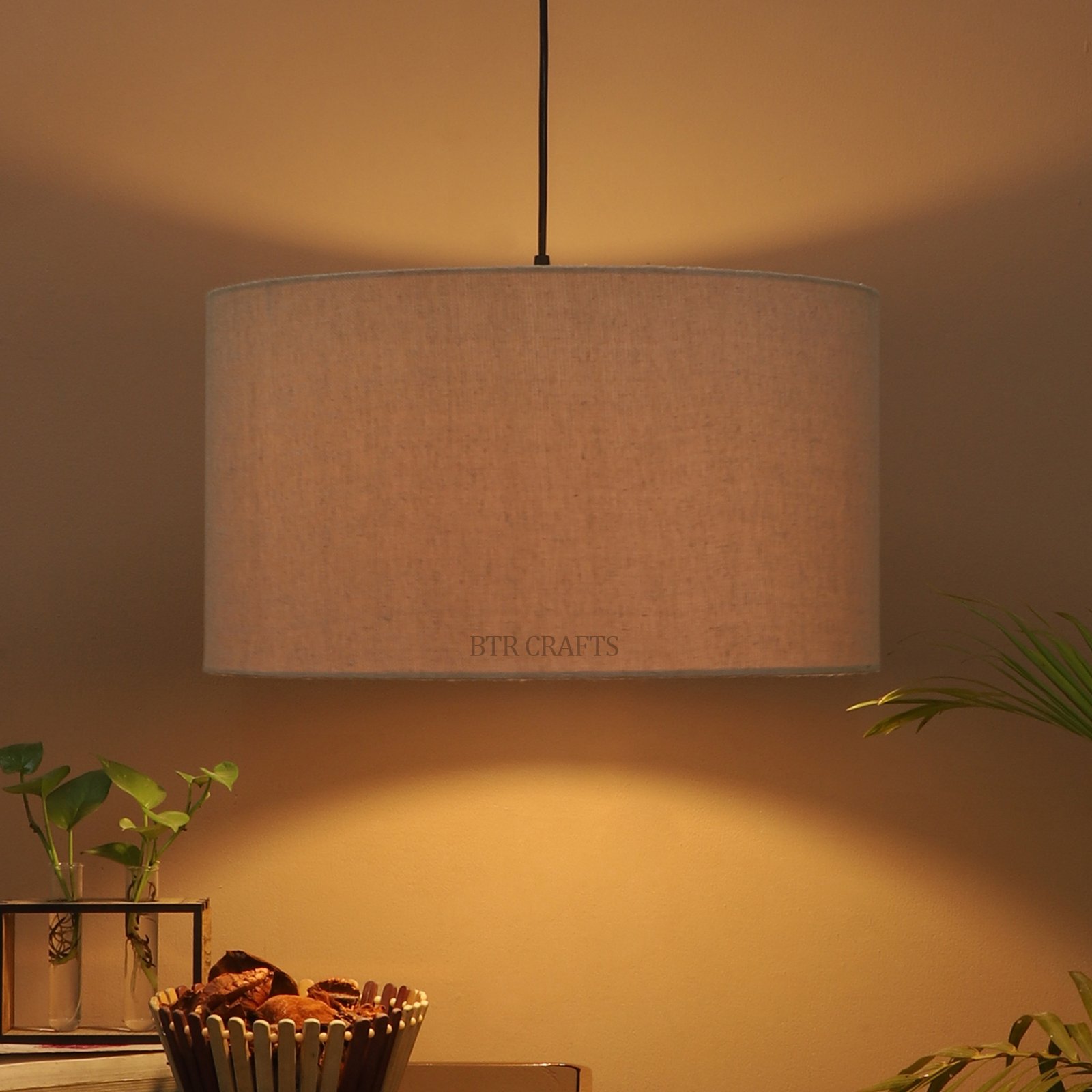 18 Inches Pendant/Hanging Ceiling Light Fixture, Premium Jute Drum Shade for Bedroom, Kitchen, Living Room, Dining Table, Lobby, Kitchen, Black/Silver Canopy