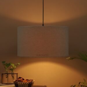 16 Inches Pendant/Hanging Ceiling Light Fixture, Beige Drum Shade, for Bedroom, Kitchen, Living Room, Dining Table, Lobby, Kitchen, Silver/Black Canopy