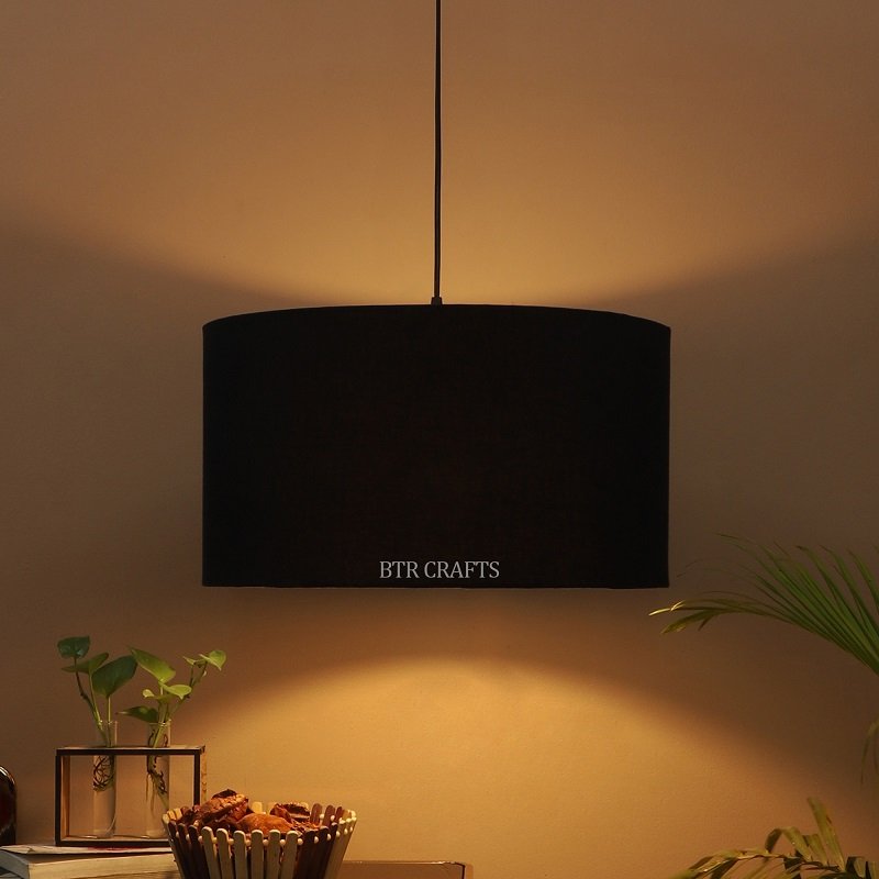 16 Inches Pendant/Hanging Ceiling Light Fixture, Black Drum Shade for Bedroom, Kitchen, Living Room, Dining Table, Lobby, Kitchen, Black/Silver Canopy