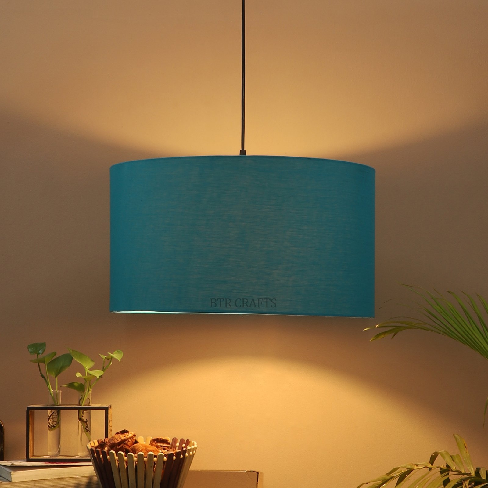 20 Inches Pendant/Hanging Ceiling Light Fixture, Teal Drum Shade for Bedroom, Kitchen, Living Room, Dining Table, Lobby, Kitchen, Black/Silver Canopy