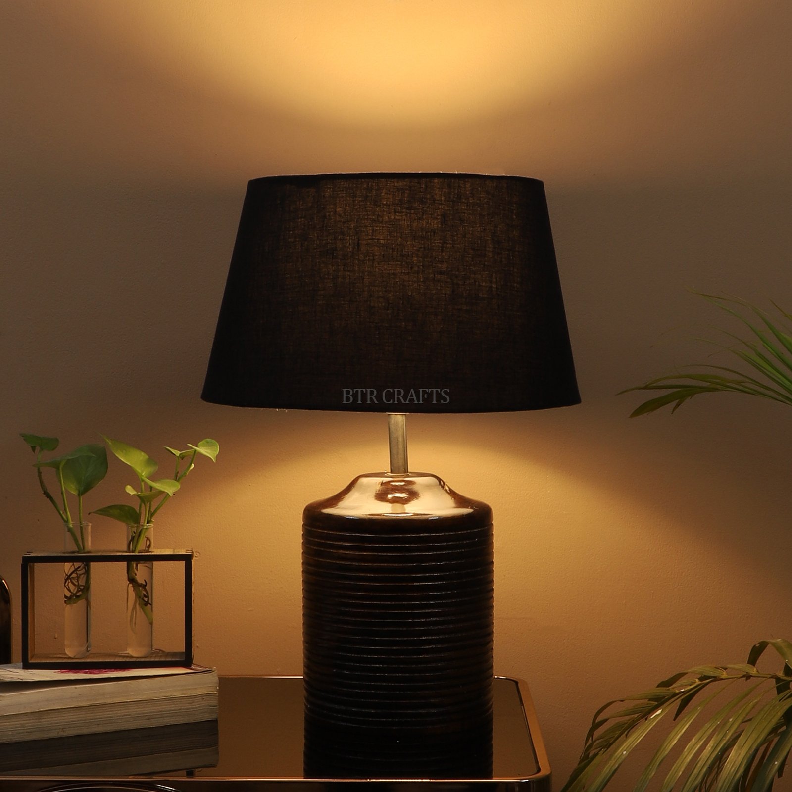 Dark Brown Heavy Matki Wooden Table Lamp Suitable For Bedroom Office And Living Room, Pack Of 1(Complete Set)