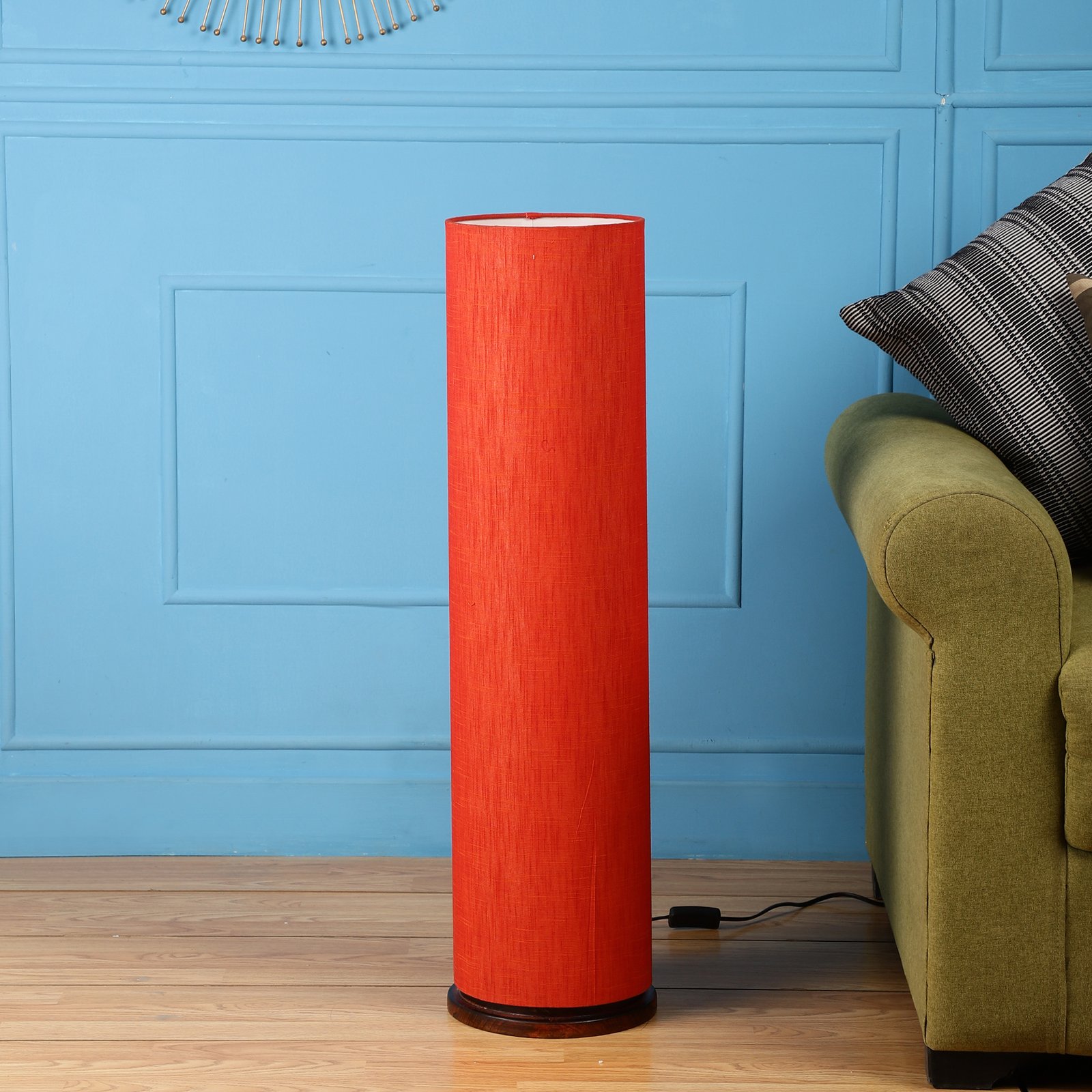 Wooden Base Cylinder Shape Corner Decorative Floor Lamp, Red Texture - Pack Of 1 - Image 3