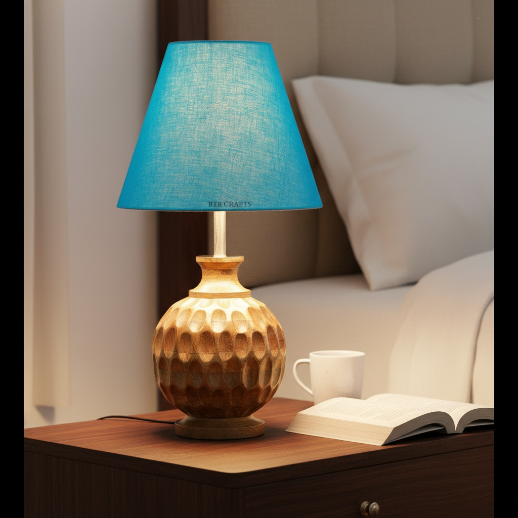Artisan Carved Wood Table Lamp – Elegant Bedroom & Living Room Accent Light, Pack Of 1(Teal) - Image 2