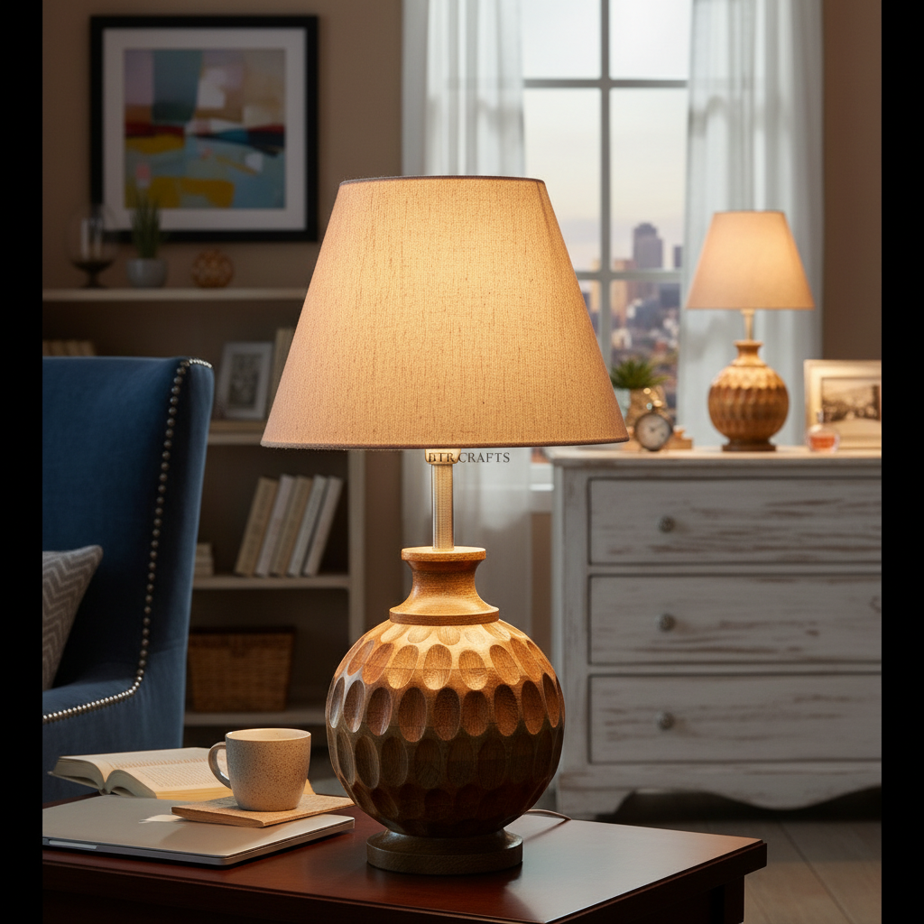 Artisan Carved Wood Table Lamp – Elegant Bedroom & Living Room Accent Light, Pack Of 1(Premium Jute) - Image 11