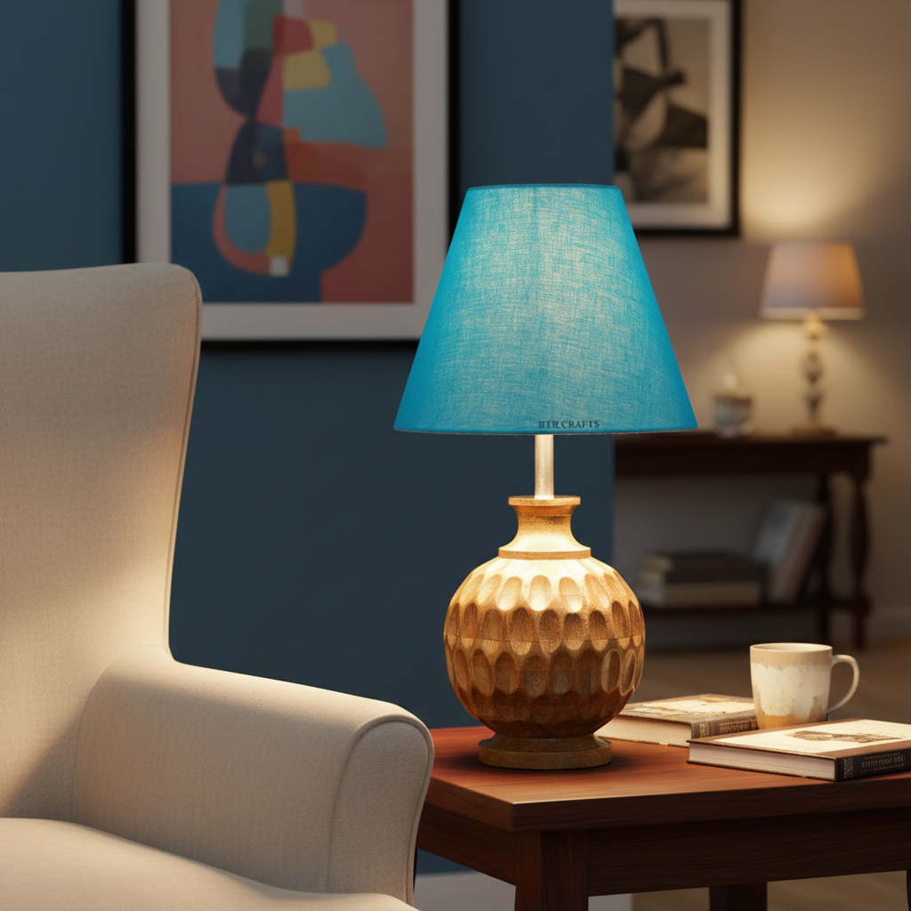 Artisan Carved Wood Table Lamp – Elegant Bedroom & Living Room Accent Light, Pack Of 1(Teal) - Image 4