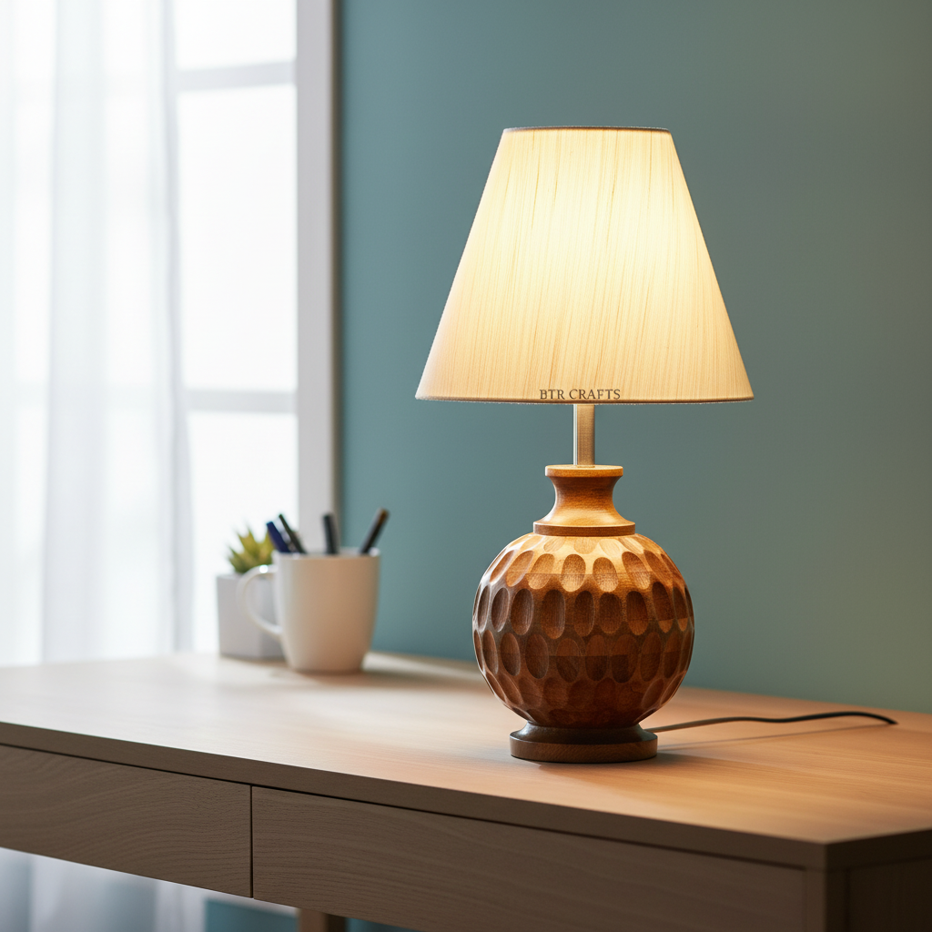 Artisan Carved Wood Table Lamp – Elegant Bedroom & Living Room Accent Light, Pack Of 1(Cream Texture) - Image 6