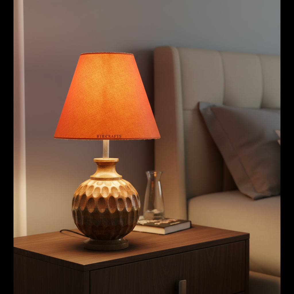 Artisan Carved Wood Table Lamp – Elegant Bedroom & Living Room Accent Light, Pack Of 1(Orange) - Image 8