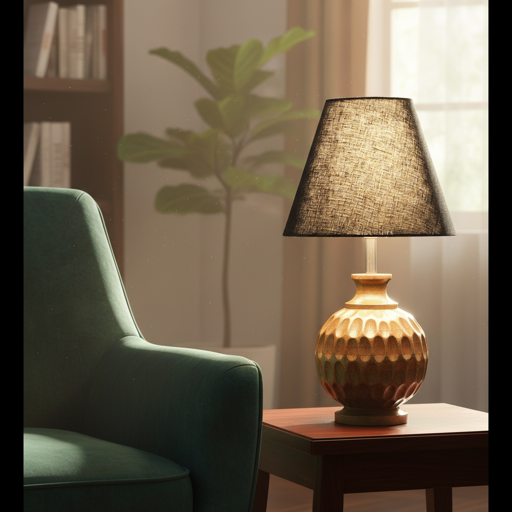 Artisan Carved Wood Table Lamp – Elegant Bedroom & Living Room Accent Light, Pack Of 1(Black) - Image 6