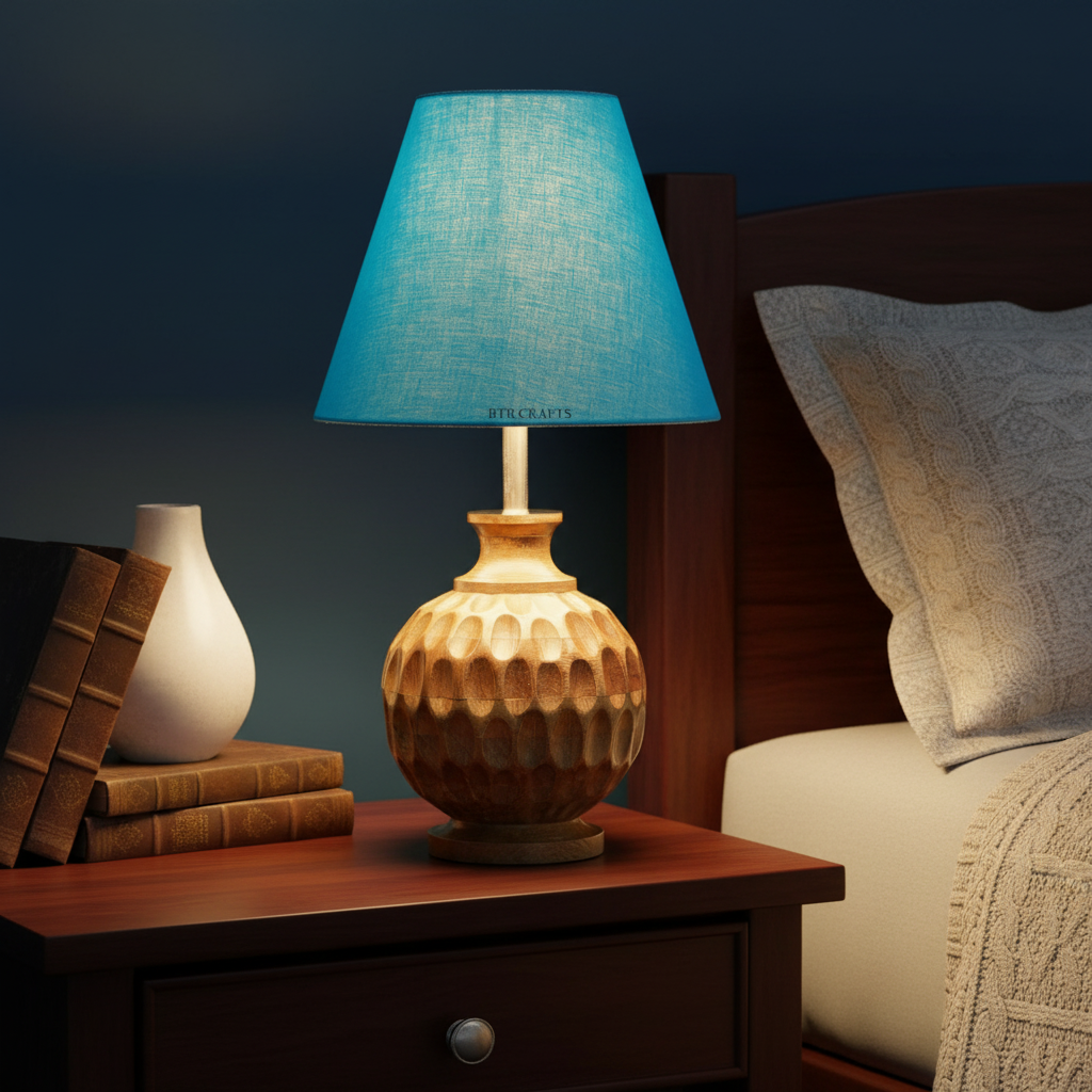 Artisan Carved Wood Table Lamp – Elegant Bedroom & Living Room Accent Light, Pack Of 1(Teal) - Image 11
