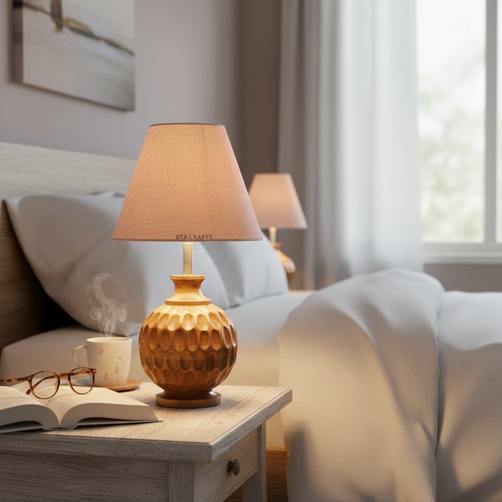 Artisan Carved Wood Table Lamp – Elegant Bedroom & Living Room Accent Light, Pack Of 1(Beige) - Image 8