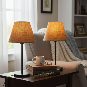Slim Contemporary Night Lamp – Fabric Shade Accent Light for Home & Office, Pack Of 2(Natural Jute)