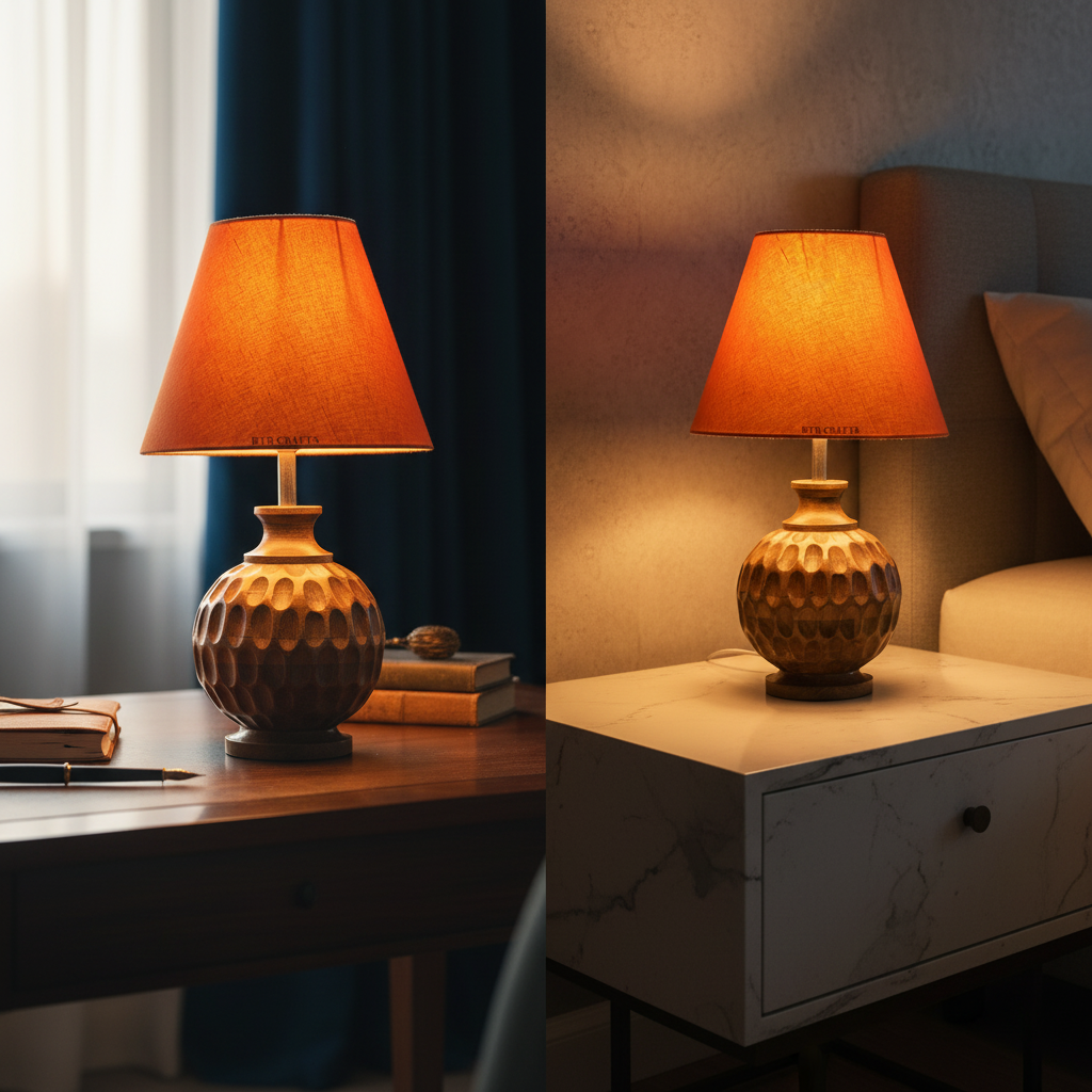 Artisan Carved Wood Table Lamp – Elegant Bedroom & Living Room Accent Light, Pack Of 1(Orange) - Image 3