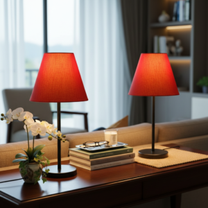 Slim Contemporary Night Lamp – Fabric Shade Accent Light for Home & Office, Pack Of 2(Red)