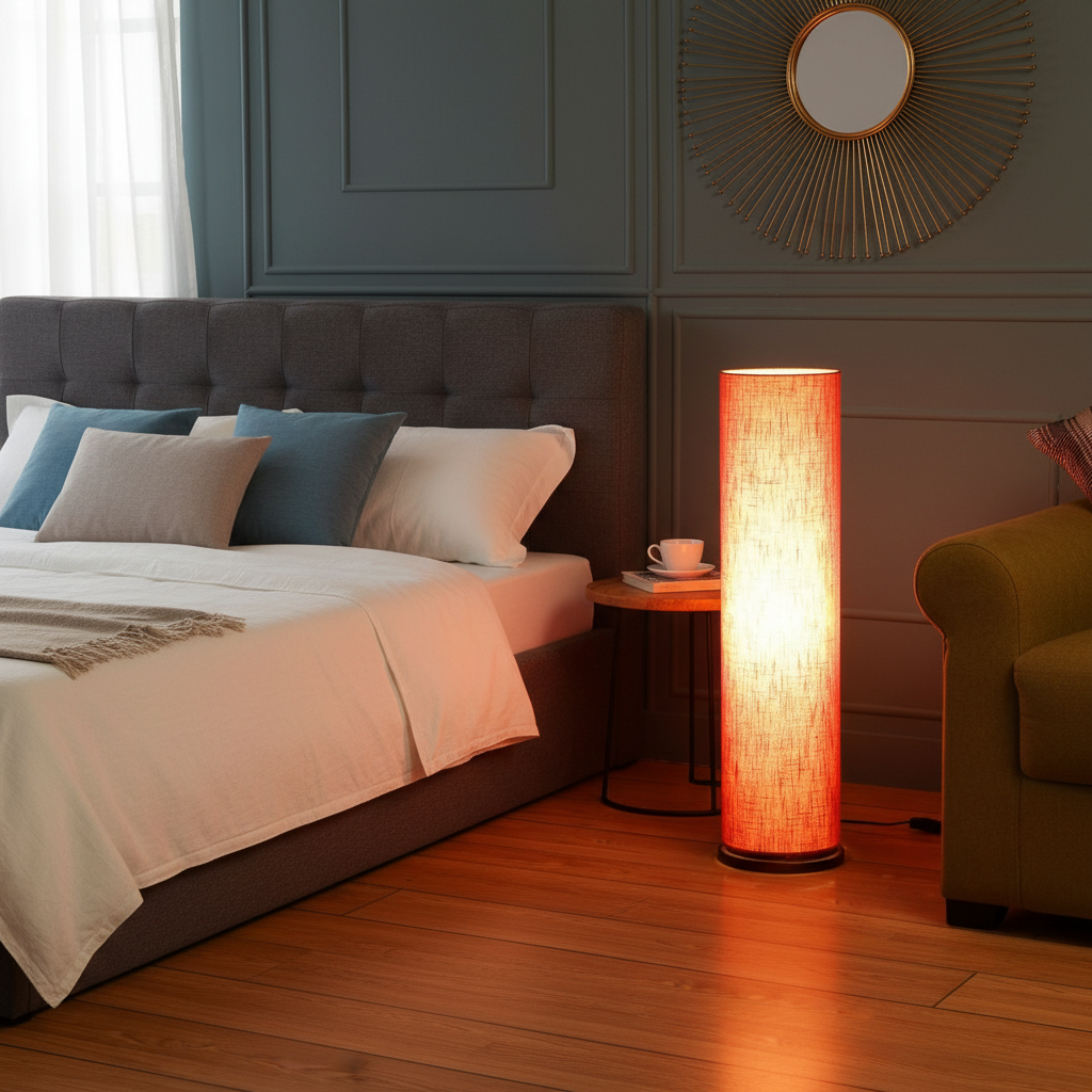 Wooden Base Cylinder Shape Corner Decorative Floor Lamp, Red Texture - Pack Of 1 - Image 5