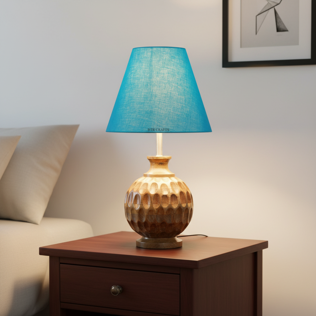 Artisan Carved Wood Table Lamp – Elegant Bedroom & Living Room Accent Light, Pack Of 1(Teal) - Image 6